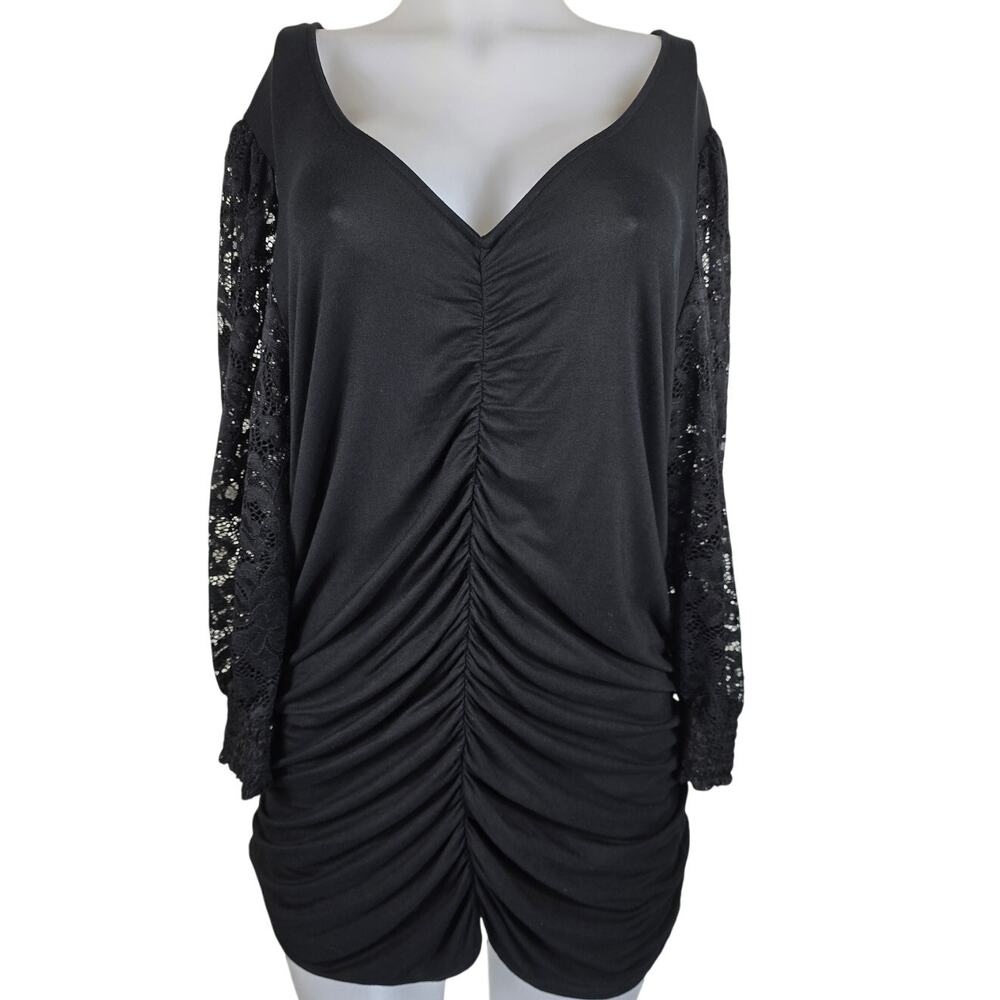 Torrid Super Soft Knit Black LacePuff Sleeve Rouching Women's Top 2-2X-18